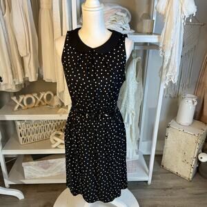 Elle sz. small, black sleeveless, polkadotted, belted fit, and flare dress #3812